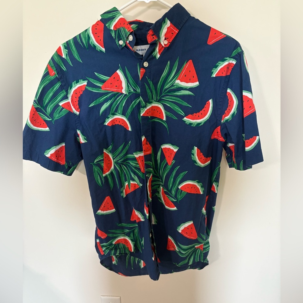 Old Navy Blue and Red Button Down Shirt with Tropical Print